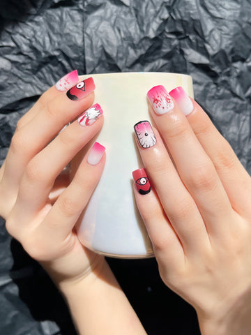 OPOOLA 24 pcs Short Square Shape Halloween Evil Ghost Soft Gel Fake Press On Nails with Jelly Glue&Nail Buffer